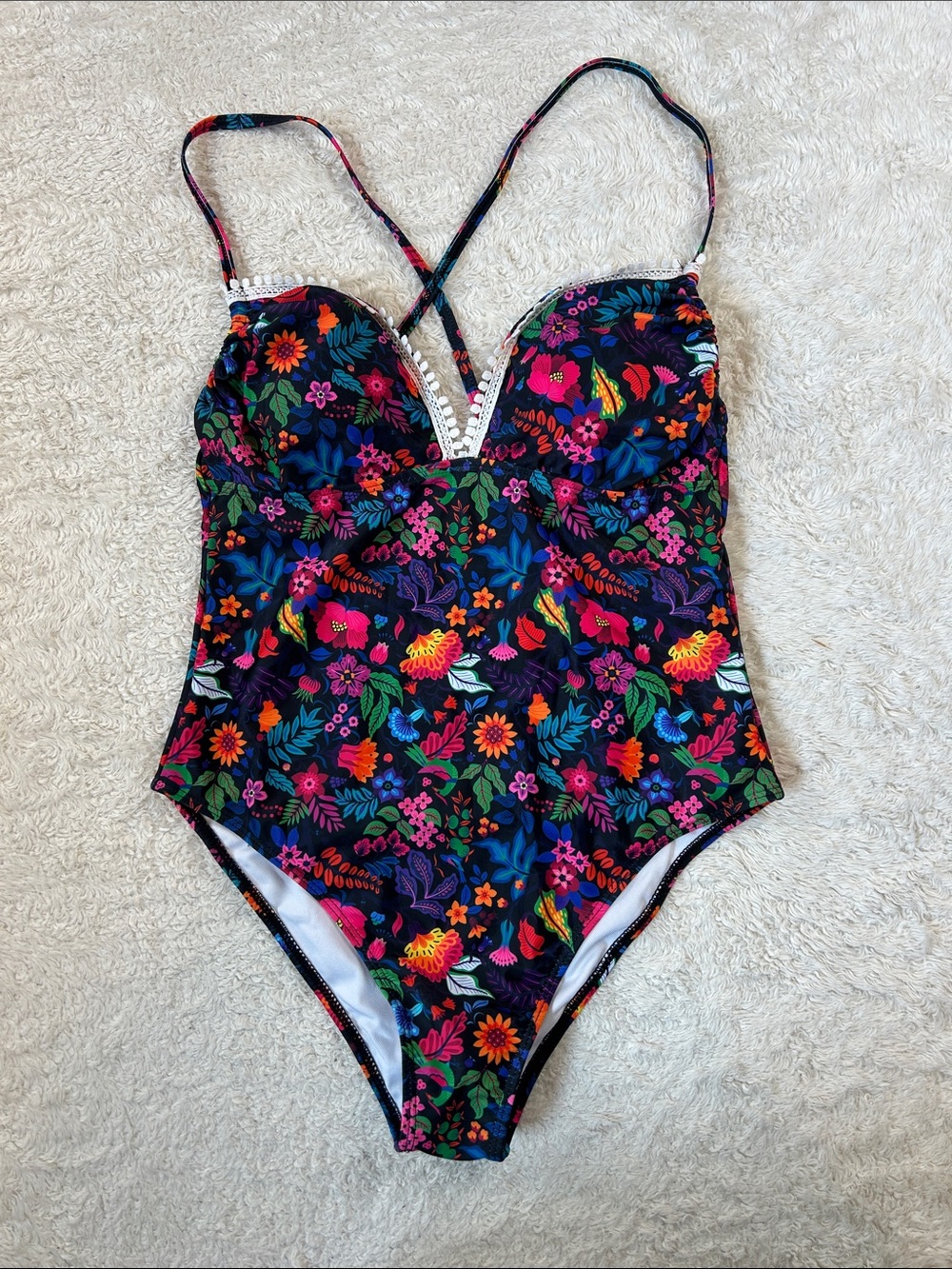Jess Lea day glo floral print one piece swimsuit med